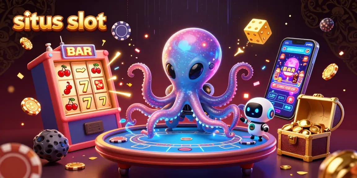 Gambarlah situs slot dengan alien gurita bermain di meja poker holografis.