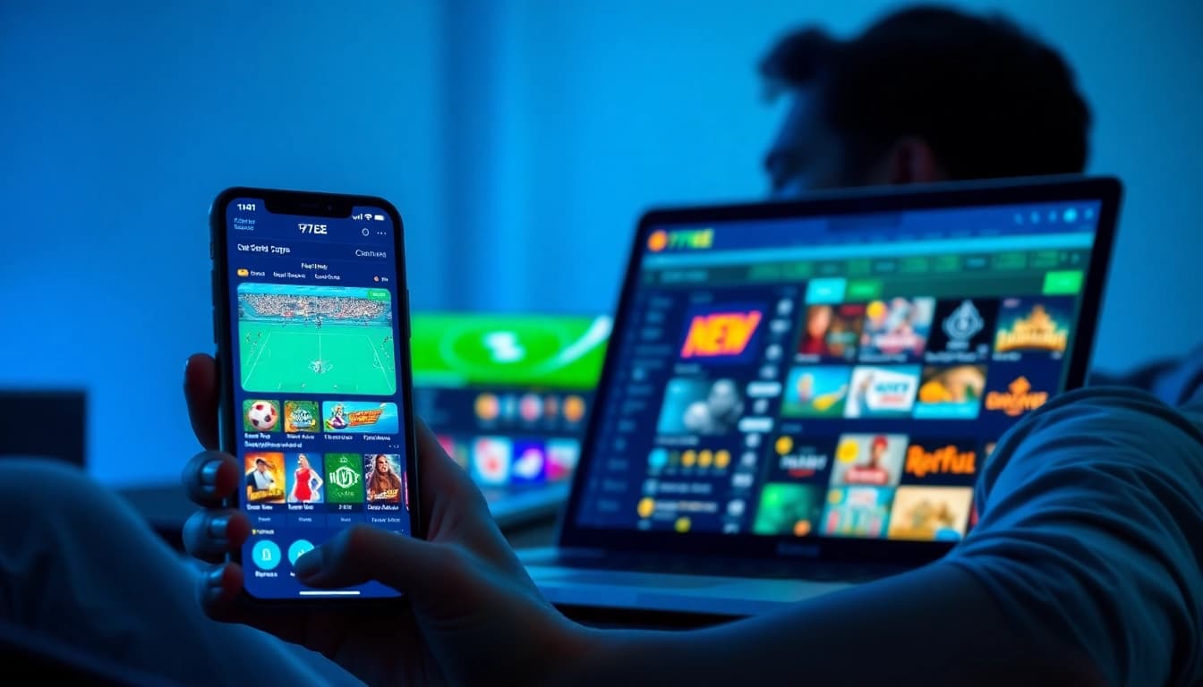 77EE platform displaying vibrant online betting games on mobile and desktop devices.