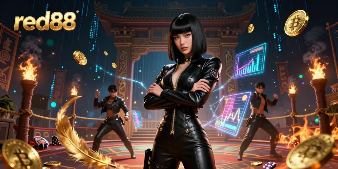 Experience the vibrant gaming action at red88 with an engaging 3D illustration depicting an Asian woman in a powerful pose surrounded by casino elements.