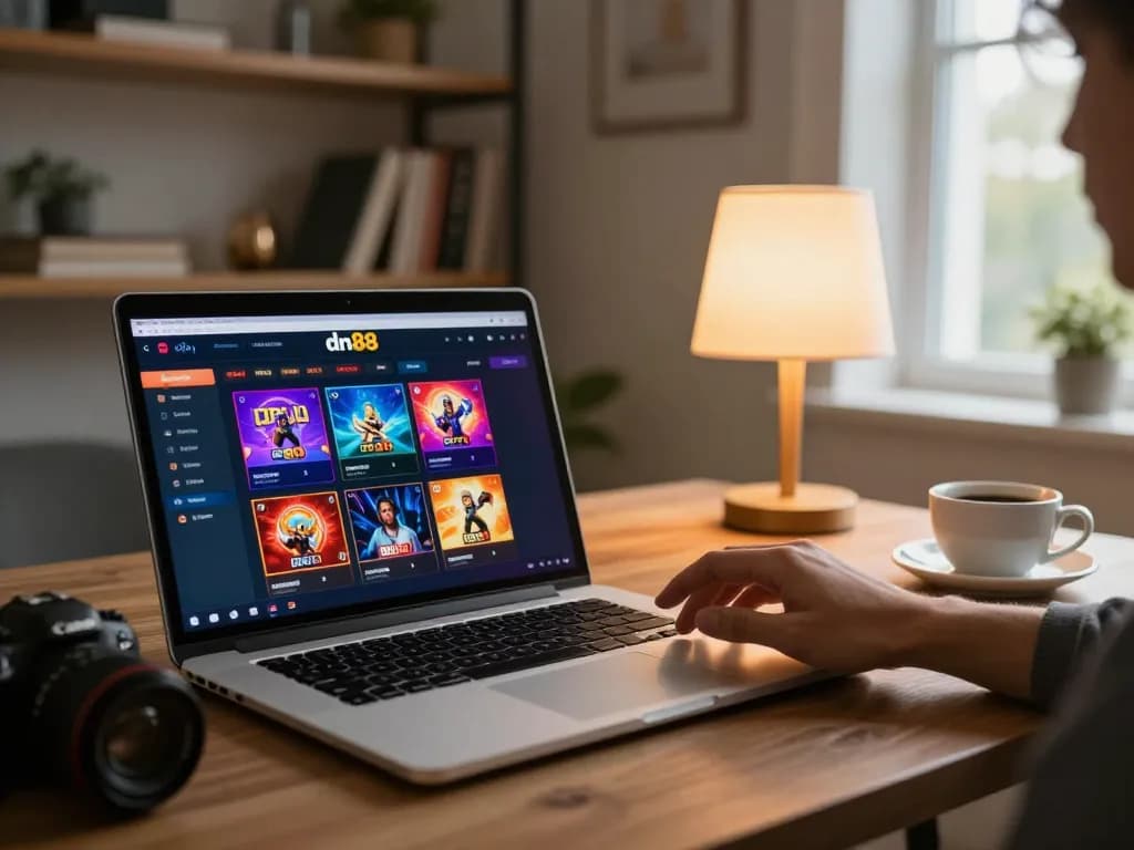 Experience exciting online gaming at dn88 with a vibrant laptop interface surrounded by a cozy home setup.