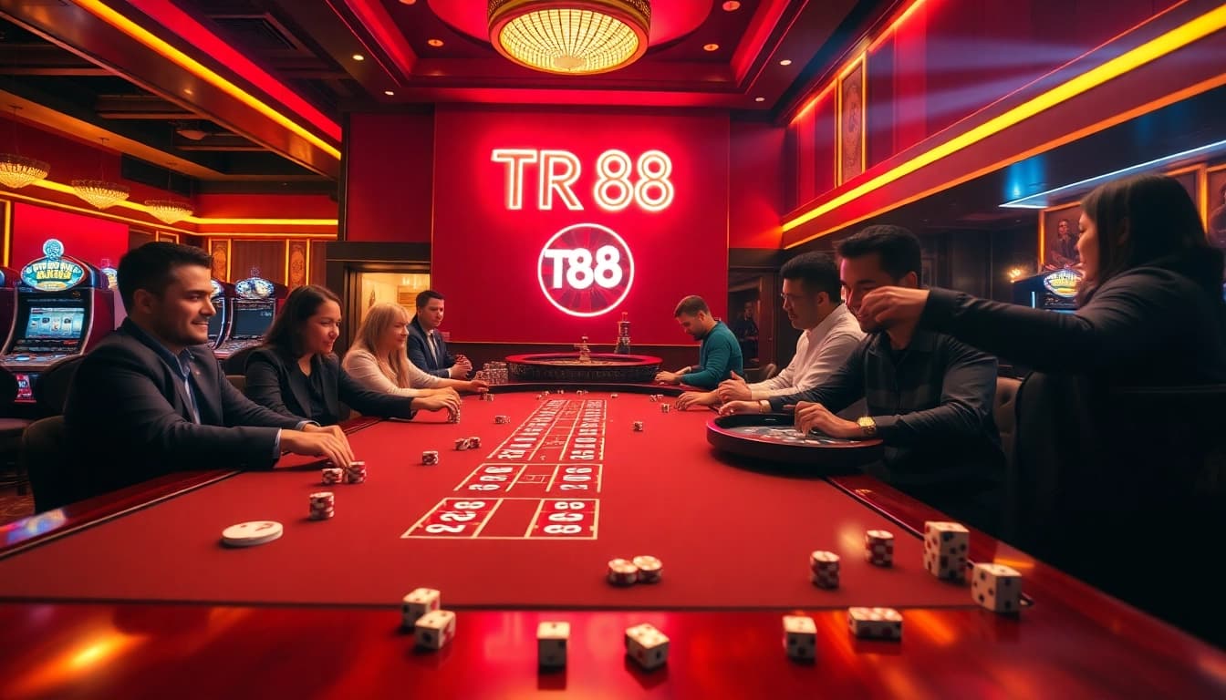 Players strategizing at a poker table in a luxury casino, with a vibrant TR88 neon sign illuminating the scene.