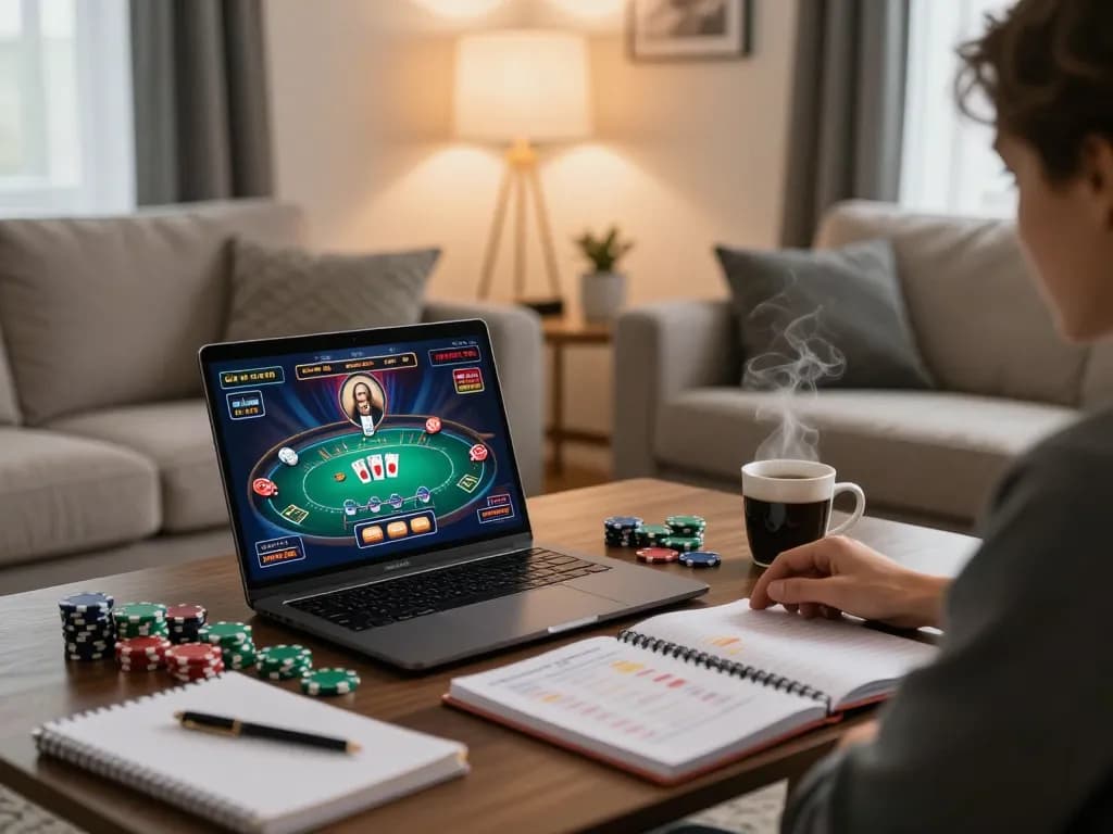 Engaging in strategic online poker gameplay at home using vipwin, showcasing cozy atmosphere and betting plans.