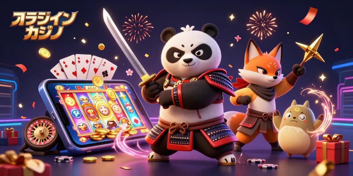 オンラインカジノで遊ぶ鮮やかなキャラクターたち、スロットゲームやカードが飛び散るシーン