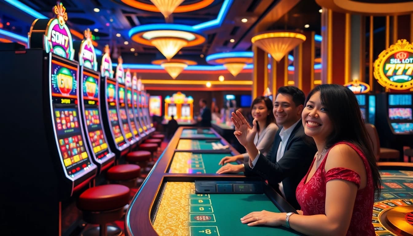 Players celebrating wins at IDN slot 777 machines in a vibrant casino atmosphere.
