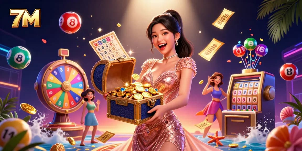 Experience thrilling gameplay with 7M's vibrant lottery and gem-filled casino atmosphere.