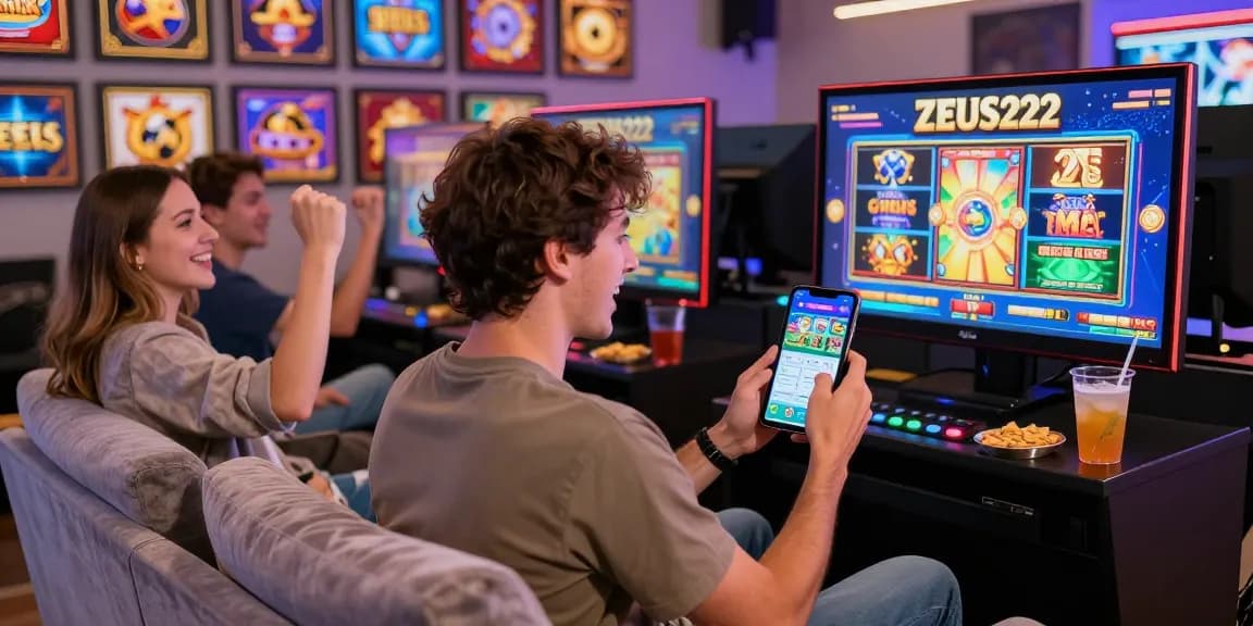 ZEUS222 mobile gaming scene with friends enjoying online slots together.