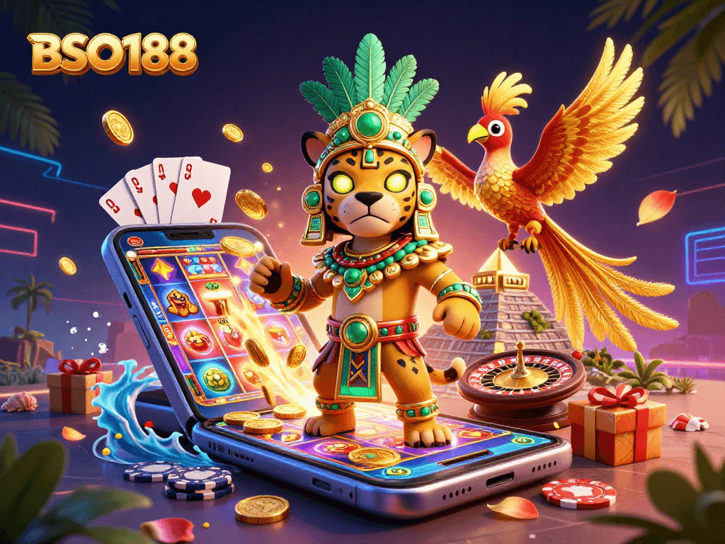 Engage in thrilling casino action with BSO188's colorful gaming scene featuring vibrant slots and dynamic characters.