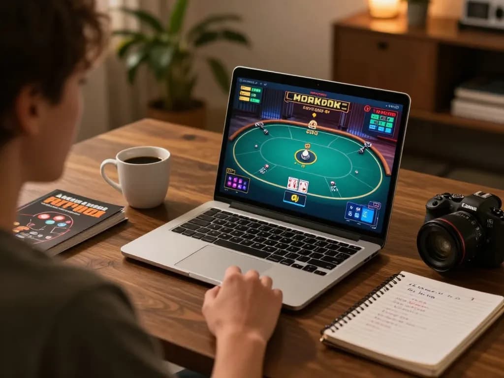 Rokok88 user enjoying online poker game on laptop in cozy home setting