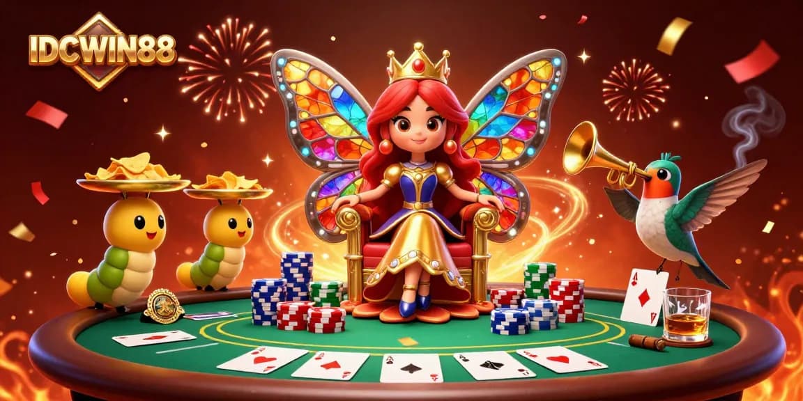 Engage with IDCWIN88 casino magic as a butterfly queen presides over a vibrant poker scene.