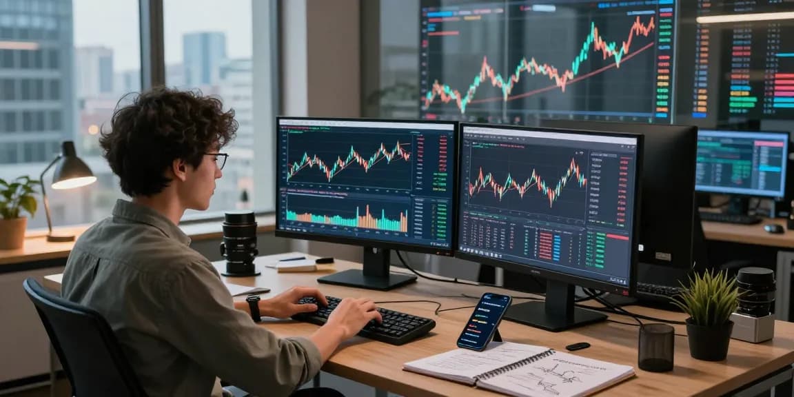 Developer analyzing real-time forex trends using a free market data API at a tech workspace.