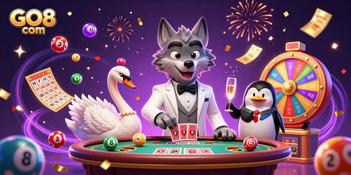 Experience excitement with GO8 com, as a debonair wolf and friends celebrate at a vibrant gambling scene.