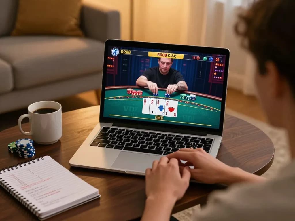 Engaging in online blackjack via RR88 KJC on a laptop at home, focused on casino gameplay.