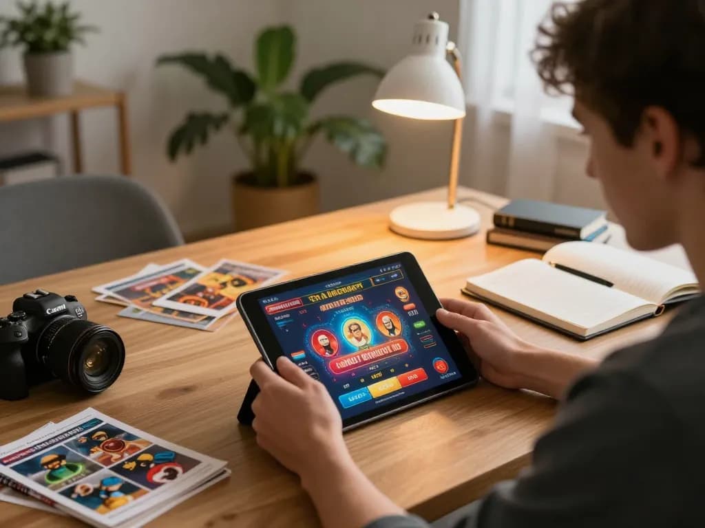 Câu Hỏi Thường Gặp (FAQ) highlighting a user engaging with a casino gaming app, depicting responsible gambling in cozy home setting.