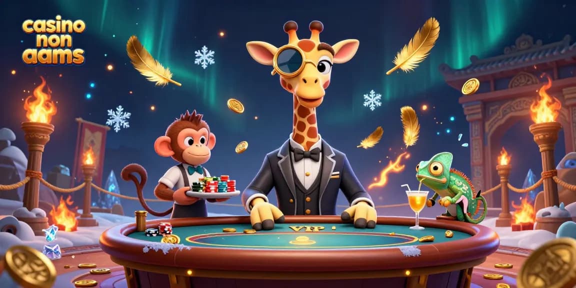 Un'illustrazione di un casinò non AAMS che rappresenta una giraffa high-roller al tavolo da poker con monete d'oro.