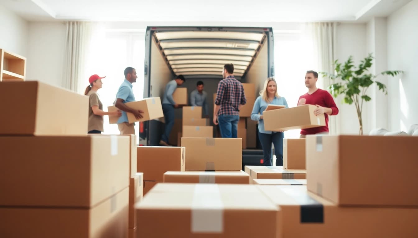 Efficient long distance moving team carefully loading boxes into a truck during a residential move.