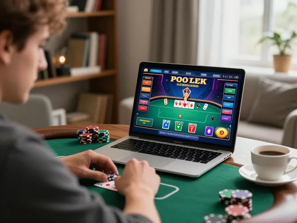 Player enjoys Fabet online poker game in cozy home setting while analyzing strategy notes next to coffee cup