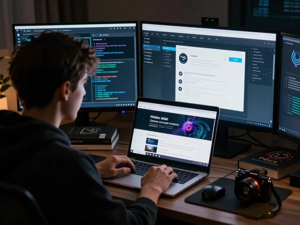 Exploring hidden wiki onion links at a dimly lit workspace filled with cybersecurity tools.