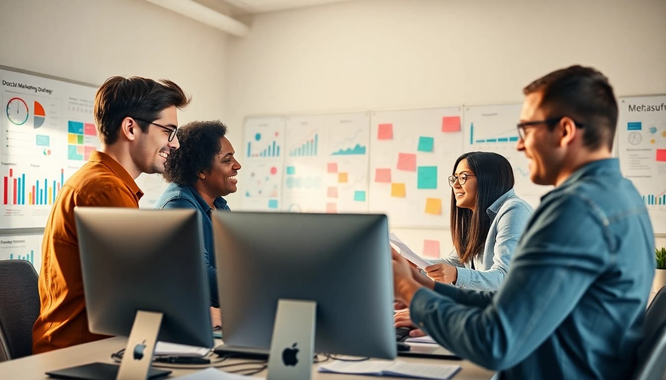 Brightet marketing team collaborating in a vibrant, creative workspace.