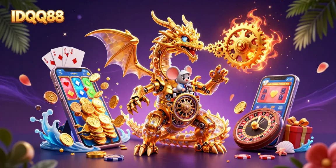 Experience thrilling slots with IDQQ88 and a golden dragon, coins, and engaging gaming elements.