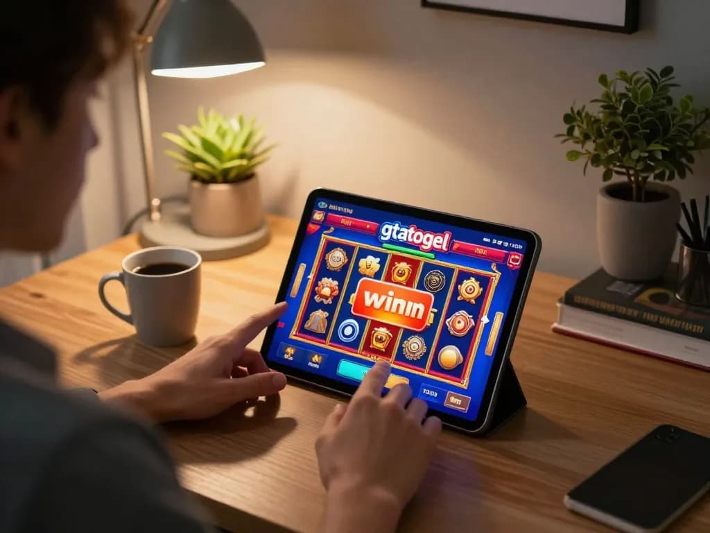 Engaging with gtatogel slot game on a tablet in a stylish home office environment.