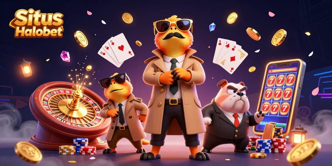 Situs Halobet menampilkan ilustrasi kasino dengan raptor dan bulldog berbaju, menyuguhkan momen lucu.