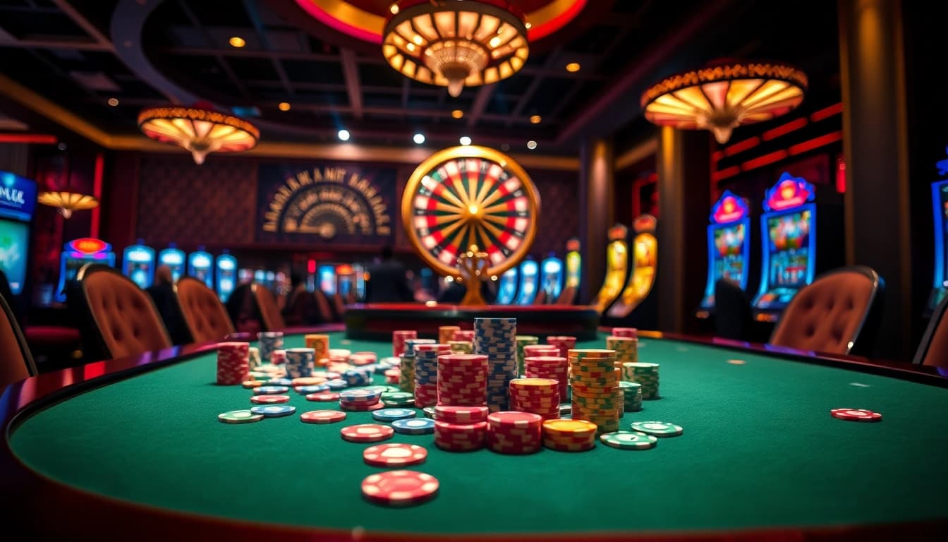L567 - Players engaging in an exciting high-stakes poker game at a luxurious casino table.