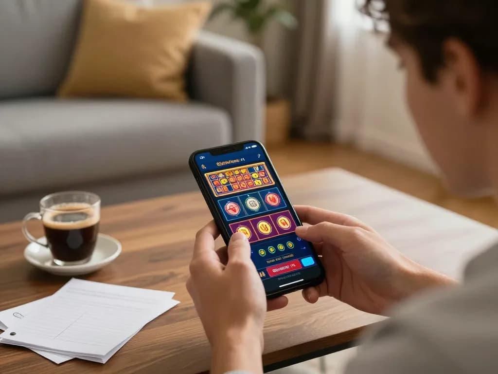Player engaging with gajah toto mobile app, showcasing strategic gaming in a cozy living room.