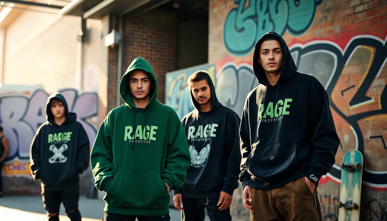 RageOff streetwear models showcasing urban fashion in a vibrant street scene.