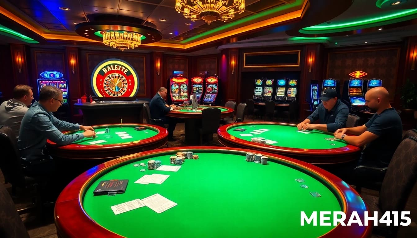 Players enjoying a thrilling poker game at MERAH45 casino with vibrant chips and cards.