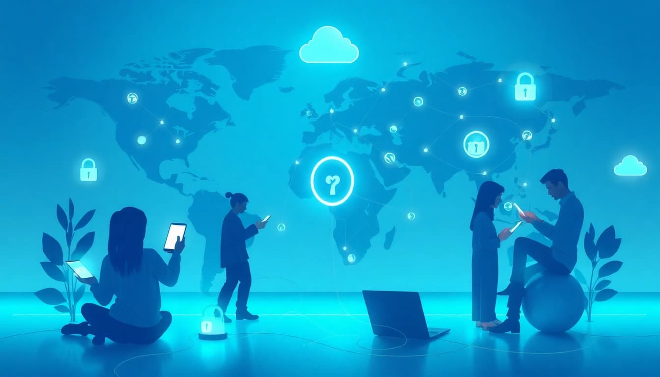 Fast and secure connections through 快连官网, showcasing diverse users with modern devices and global connectivity.