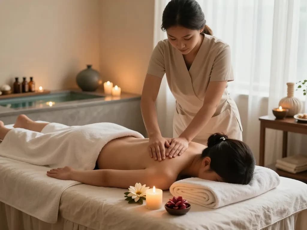 Rejuvenating 역삼동마사지 experience in a serene spa setting with candles and oils.