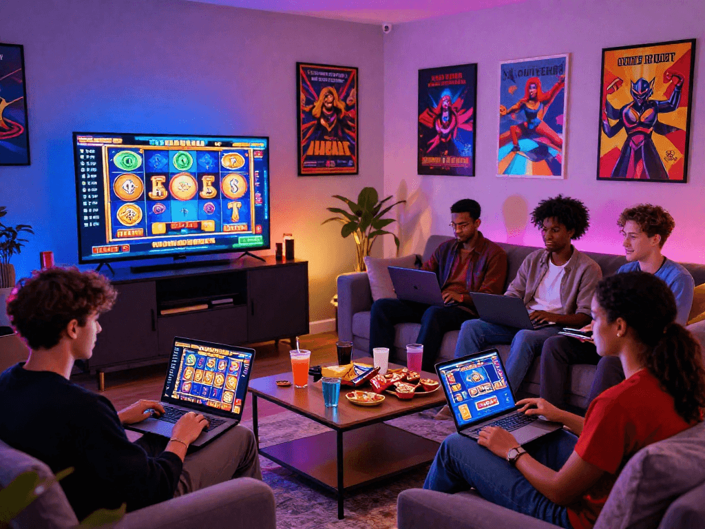 Players enjoying new bonus buy slots while gaming in a stylish living room atmosphere filled with excitement.