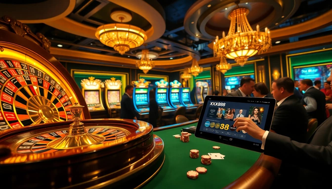 Experience high-stakes excitement at XX88 casino with vibrant slot machines and a glamorous roulette wheel.