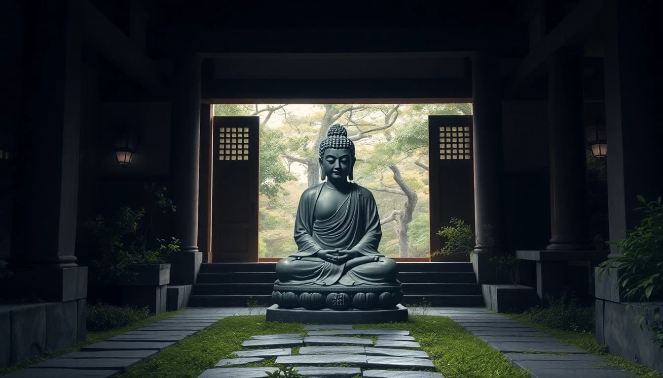 古代の日本寺院に安置される即身仏像。静かな緑に囲まれ、平穏な雰囲気。