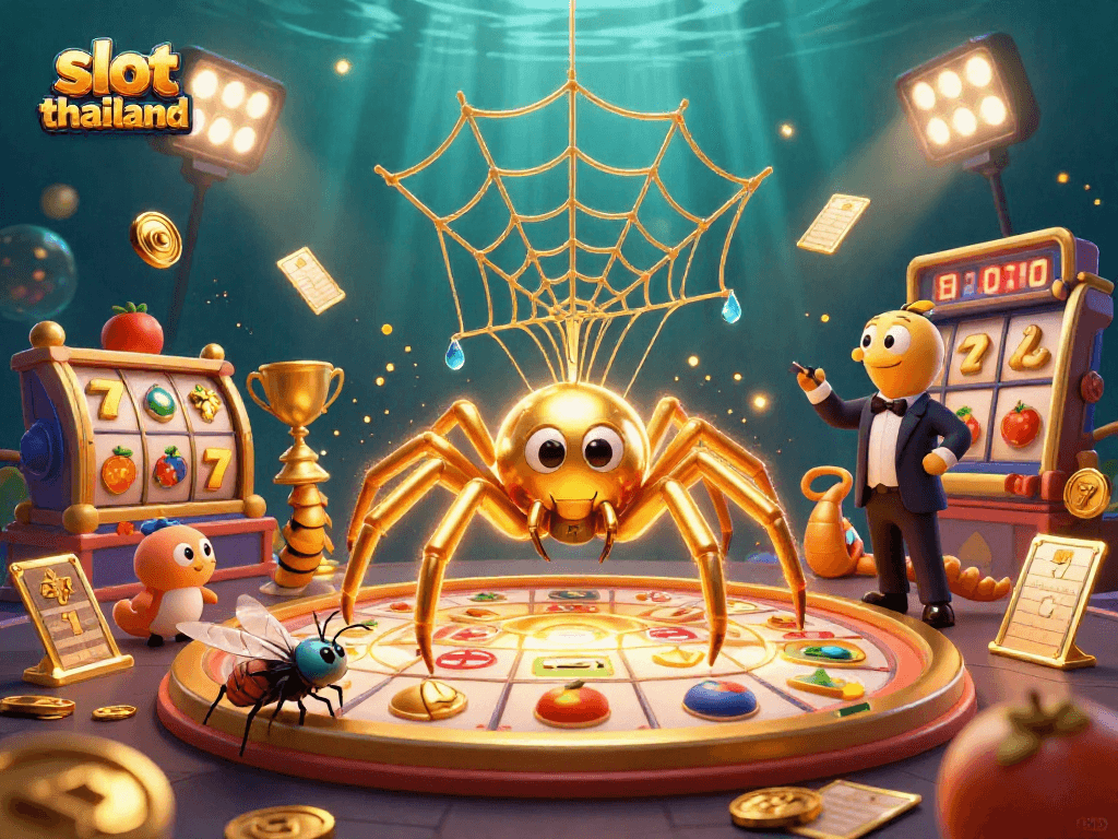 Experience thrilling slot thailand action with vibrant illustrations of a spider, bets, and golden game elements!
