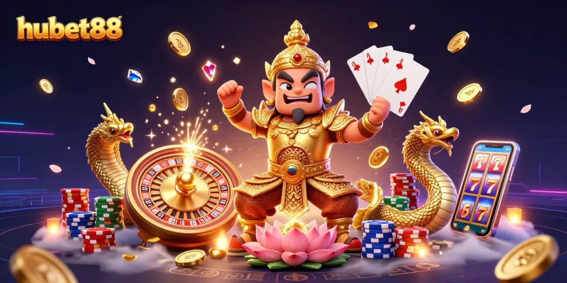Engage with hubet88 in a vibrant 3D casino scene showcasing a Thai guardian, roulette, and golden coins.