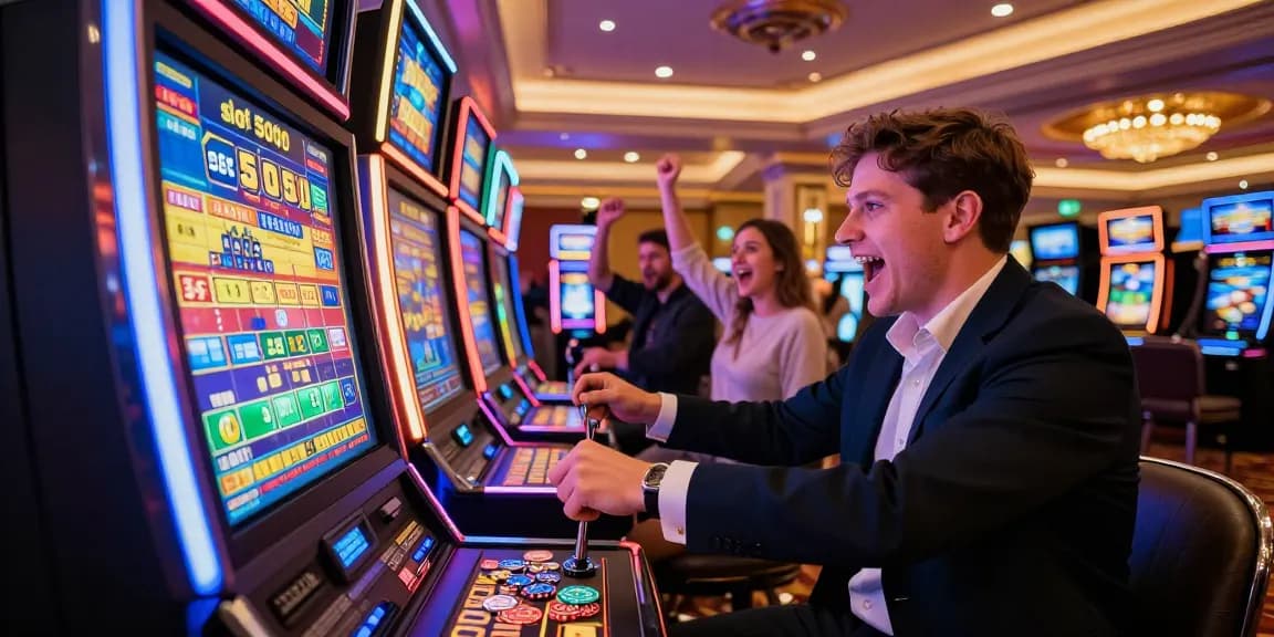 Excited player at a slot 5000 machine in a vibrant casino.