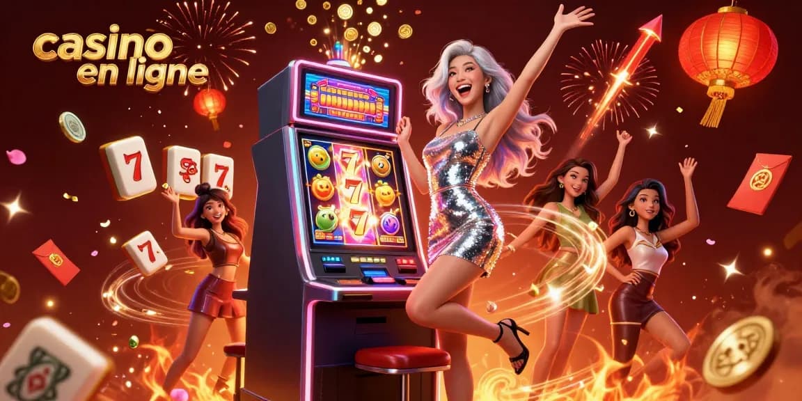 Célébrez sur le casino en ligne avec une victoire impressionnante à la machine à sous présentant des rouleaux étincelants et des éléments festifs.