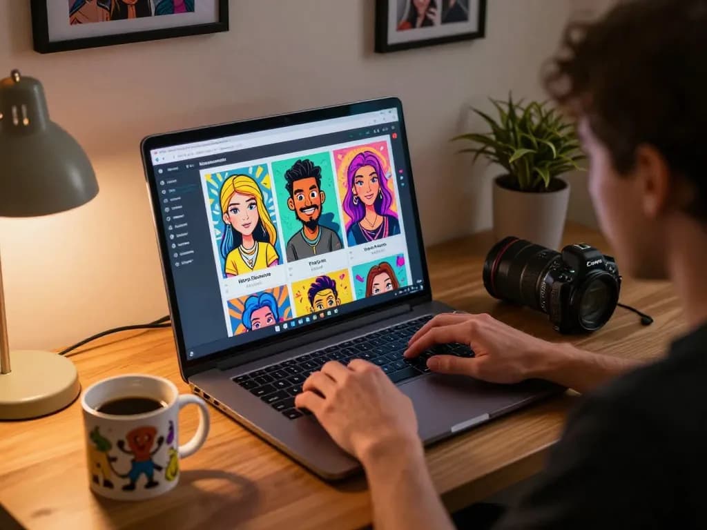 Creating a ChatGPT caricature on a laptop, showcasing vibrant AI-generated caricatures in a cozy setup.