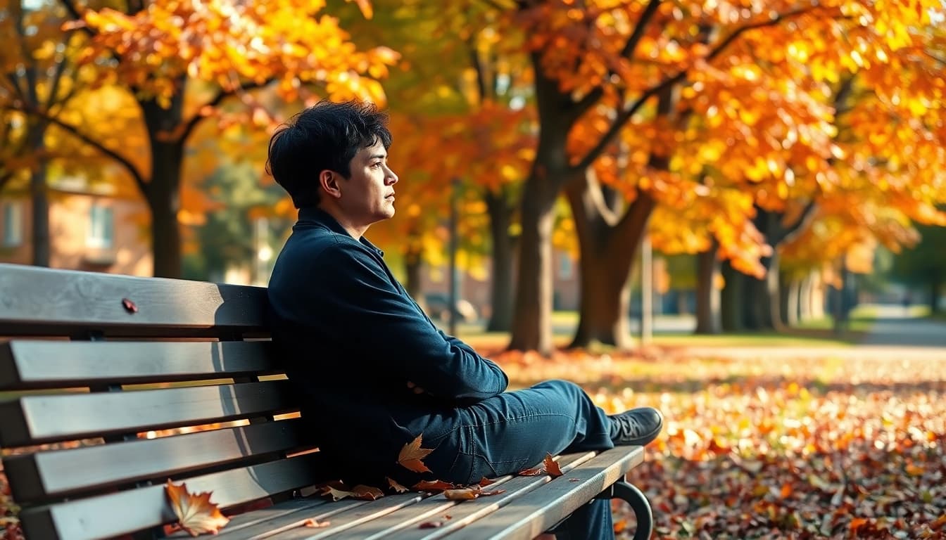 Person reflecting on depression symptoms while seated on a park bench in autumn.