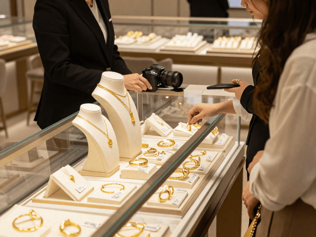 mantra88 Gold jewelry buying experience in a luxurious showroom with elegant displays.