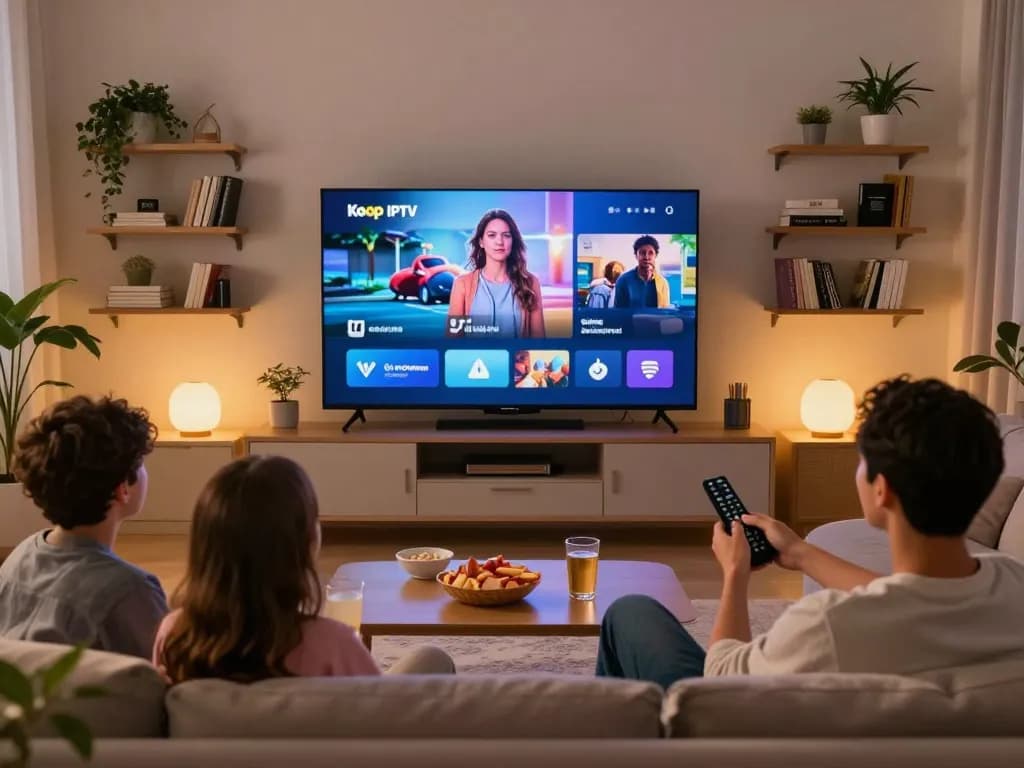 Genieten van de IPTV kopen ervaring in een gezellige woonkamer met familie, omringd door moderne decoratie.