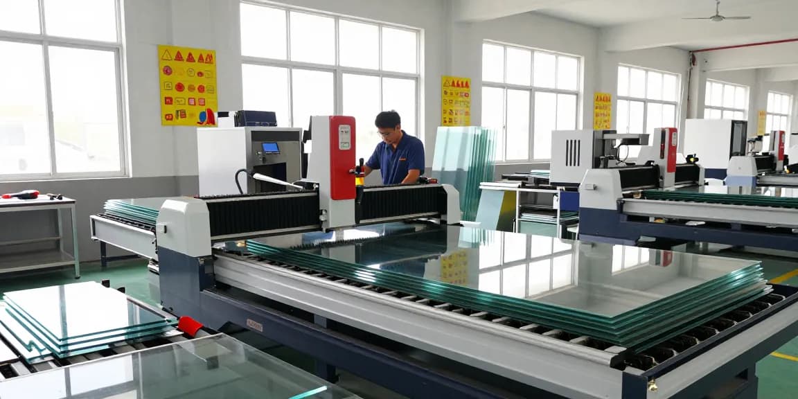 Technician operating a glass cutting machine in a modern factory setting