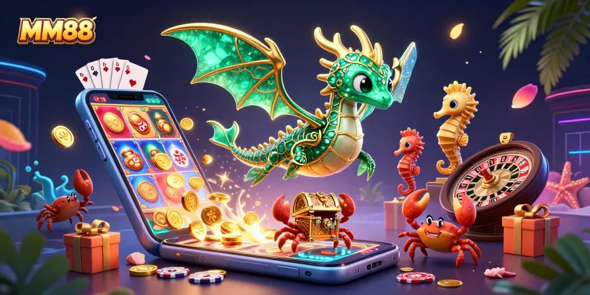 Experience MM88's vibrant casino scene with a magical sea dragon and gaming elements.