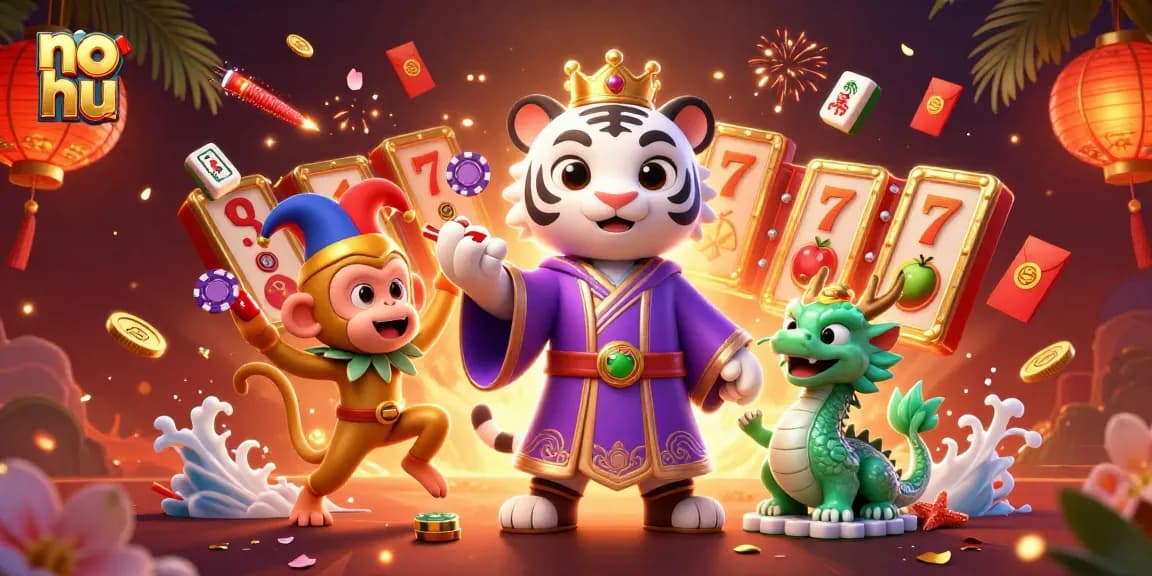 Engage in no hu with a captivating casino scene featuring a cartoon white tiger and golden monkey.