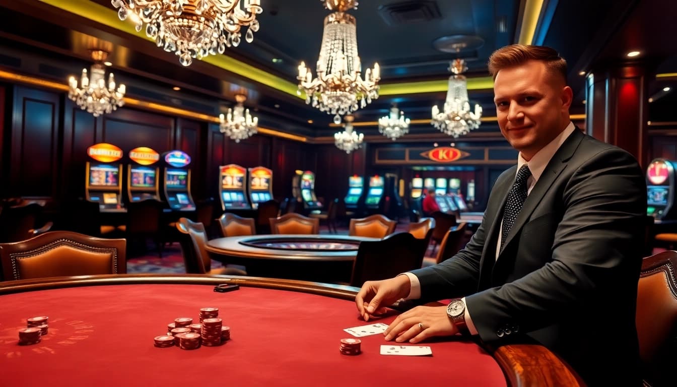 KJC gaming scene with luxury poker table, chips, and strategic betting excitement.