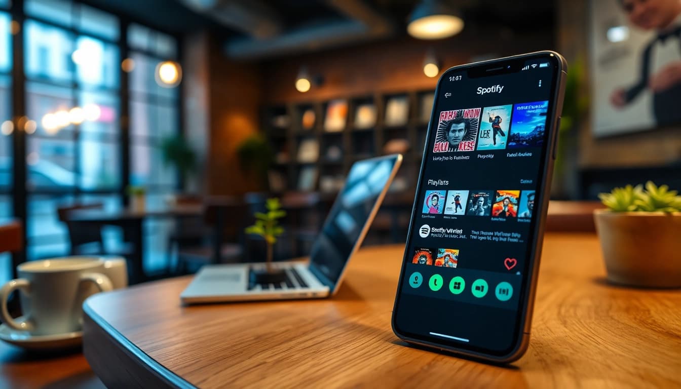 Enjoy ad-free music streaming experience with the Spotify mod apk on a smartphone in a cozy café.