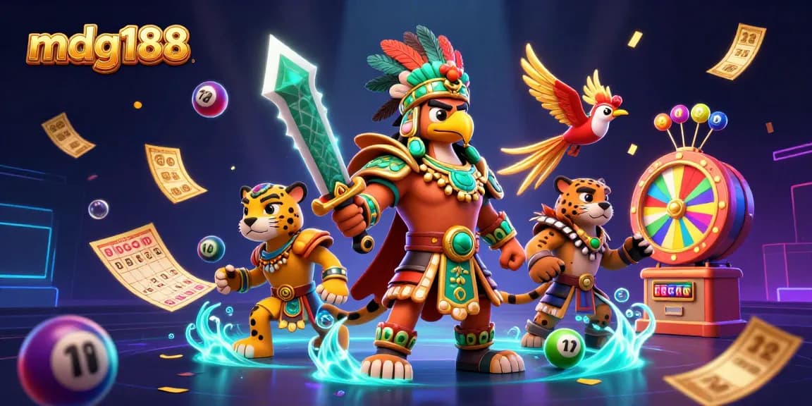 mdg188 brings excitement with a vibrant scene of gameplay featuring warriors and dynamic lottery elements.