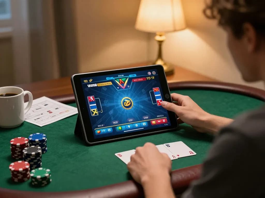 Player enjoying sc88 poker game on tablet at home, showcasing cozy environment and engaging action.
