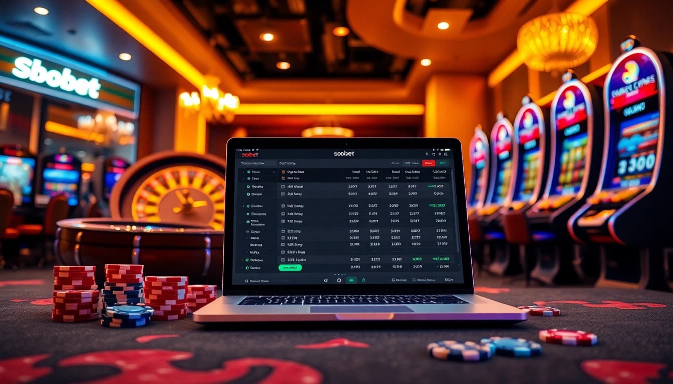 Sbobet sports betting interface showcasing vibrant poker chips and a roulette wheel in an exciting atmosphere.